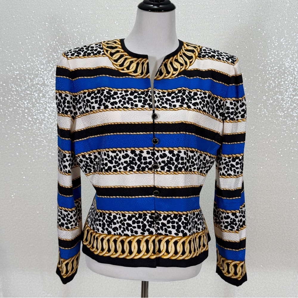 Adrianna Papell 100% Silk Chain Leopard Print Jacket Blazer Blue Gold Size 14 - Picture 10 of 11
